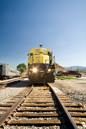Track level view of a locomotive.